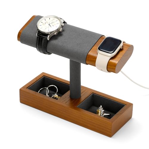 Oirlv Massivholz T-Bar Uhrenständer,mit Ladeschacht Uhrenhalter,Watch Stand für Organizer Ringe,Ohrringe,Schmuck(04)