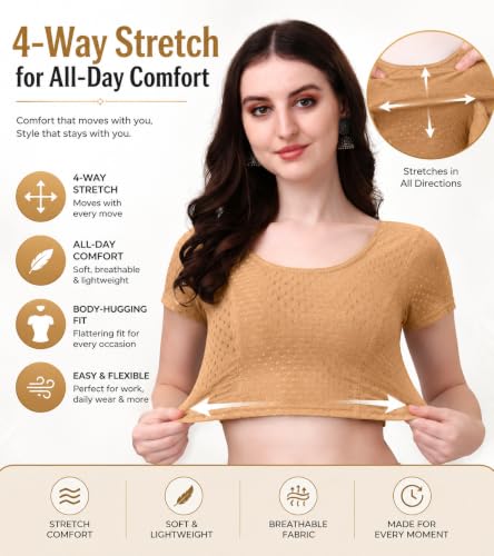 Image of Women's Stretch Cotton Saree Blouse | Readymade Blouse for Saree | Round Neck | Short Sleeves | Soft, Breathable & Comfortable