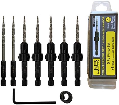 JNB Pro Wood Countersink Drill Bit Set - 5 Pc Adjustable Countersink Bit #6(9/64") - All Same Size - 2 Extra 9/64 Tapered Drill Bit, 1 Adjust. Collar, 1 Wrench - 1/4" Quick Change Shank - Countersink