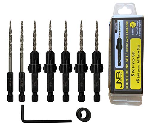 Jnb Pro Wood Countersink Drill Bit Set - 5 Pc Adjustable Countersink Bit #6(9/64") - All Same Size - 2 Extra 9/64 Tapered Drill Bit, 1 Adjust. Collar, 1 Wrench - 1/4" Quick Change Shank - Countersink #TOP10