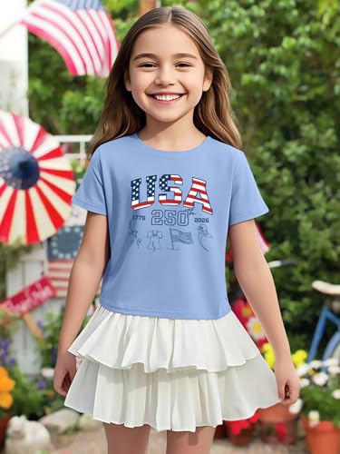 Image of VVNTY Girls American Flag Crop Tops Kids USA Crop Shirt Patriotic 4th of July Tops 5-14 Years