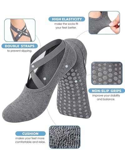 Image of AURUZA Pilates Grip Socks for Women Non Slip Skid Yoga Socks with Grips Straps for Ballet Dance Workout Gripper Sock