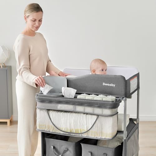 Image of Sweeby Portable Baby Changing Table, Foldable Changing Table Dresser Changing Station for Infant, Waterproof Diaper Changing Table Pad Topper, Mobile Nursery Organizer for Newborn Essentials,Darkgrey