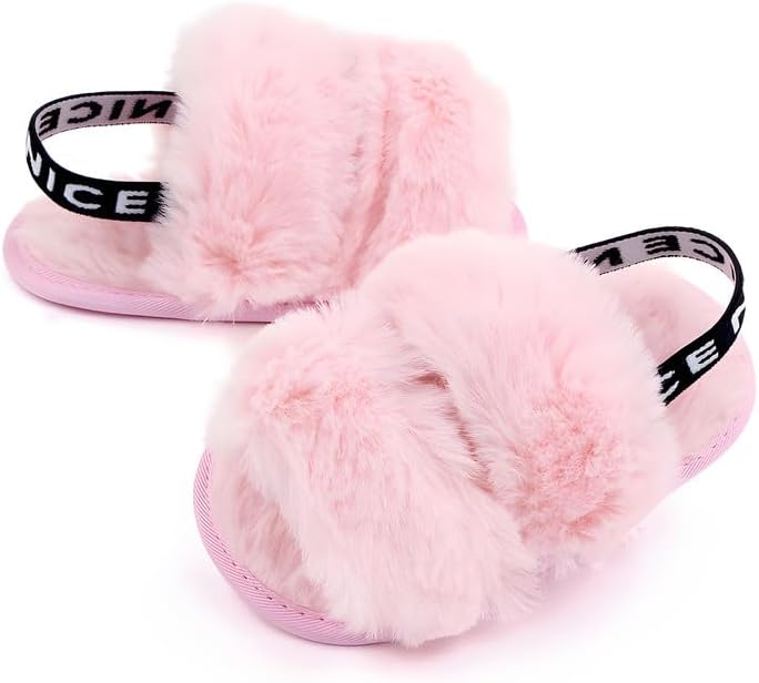 QIETION Girl's Soft Plush Lightweight House Slippers Non Slip Cross Band Slip on Open Toe Cozy Indoor Outdoor Slippers
