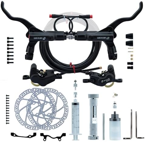 4-Piston E-Bike Hydraulic Brake Set - 160mm/180mm Rotors, 2-PIN Power-Off Disc Brake, Aluminum Caliper & Lever, 2300mm Hose Included (Red, 180mm)