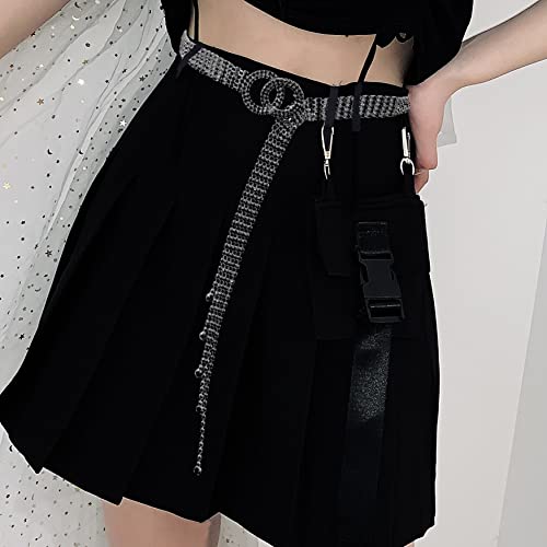 Lovful Bling Chain Belts For Women,Double O-Ring Sparkly Diamond Belt,Shiny Rhinestone Belt For Jeans,Black 45 Inches #TOP3