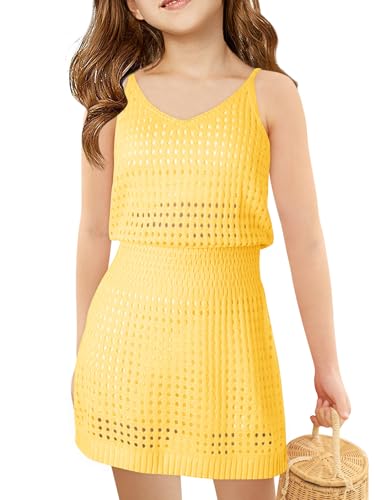 Image of Haloumoning Girls Sleeveless Crochet Swimsuit Cover Up Kids Summer Hollow Out Knitted Beach Dress 7-14 Years