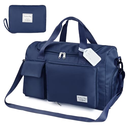 Flintronic Bolsa de Viaje, Bolsa de Viaje Ligera e Impermeable, Bolsa Grande de Fin de Semana, Bolsas de Hombro para Compras Deportivas en el Gimnasio (con 1 Etiqueta de Equipaje) Azul Oscuro