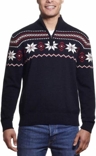 Weatherproof Vintage Mens Quarter Zip Pullover Fairisle Sweater, Black, Small