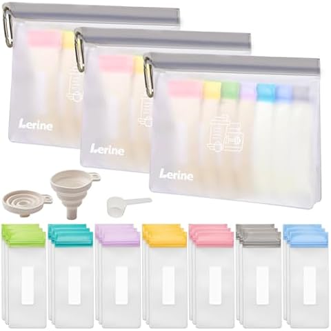 Protein Powder Travel Container Set, Reusable Protein Powder Container To Go, Portable Supplement Storage with 21Pcs Single Dose Bags & 3Pcs Large Zip Bags, Includes Funnel & Spoon for Easy Serving Cover