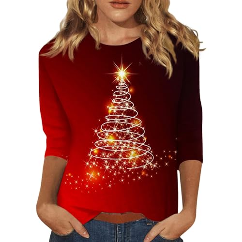 HSUAYEUD Christmas Jumpers for Women 3/4 Sleeve Top UK Snowflake Print Womens T-Shirts Casual Tunic Top