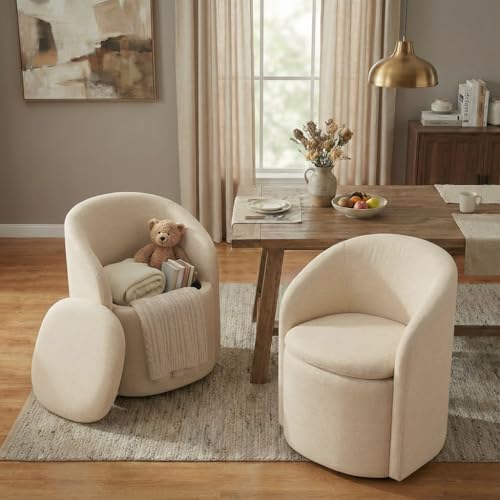 KISLOT Upholstered Dining Chairs with Casters, No Assembly Rolling Modern Dining Room Chairs with Hidden Storage & Barrel Backrest, Accent Chair for Bedroom, Living Room, Dressing, Sand, Set of 4 by KISLOT - Used condition - Image 3