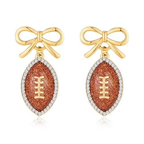 YUJIE Football Dangle Earrings for Women Gold-Tone Bow Tie Earrings - Rhinestone Sporty Sweet Statement Jewelry for Football Fans