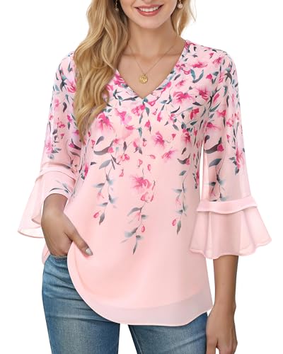 Bebonnie Womens Dressy Casual Tops Ruffle 3/4 Sleeve V Neck Floral Chiffon Blouses2