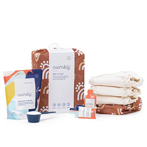 Image of Esembly Try-It Kit - Cloth Diaper Starter Set with Organic Cotton Diapers, Waterproof Diaper Cover, Wet Bag, and Laundry Detergent - Sunshower, Size 1 (7-18lbs)