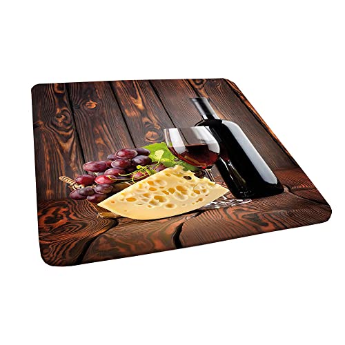 Funda cuadrada de vino, botella de vino tinto y queso de vidrio y uvas en tablones de madera, borde elástico, se puede limpiar, cubierta de mesa de comedor para interiores y exteriores, apto para mesa