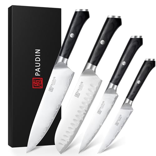 PAUDIN Messerset 4 teilig Küchenmesser Set Kochmesser Santokumesser Allzweckmesser Gemüsemesser profi scharf aus hochwertigem Edelstahl 10Cr15CoMoV(Härte von 62 HRC) mit ergonomischem Holzgriff