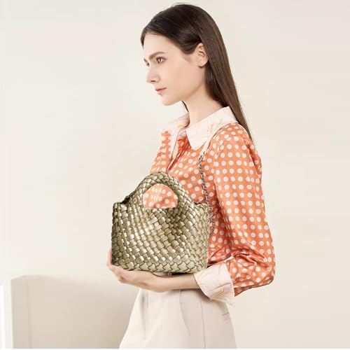 Image of Woven Tote Bag for Women with Coin Purse, Foldable Chain Small Crossbody Handbags, Fashion Shoulder Bag, Hobo Satchel