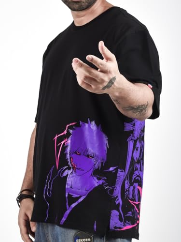 Image of ComicSense.xyz Unisex Anime Oversized Neon Print T Shirts for Men and Women, Shinigami Printed 180 GSM Anime Drop Shoulder Tshirt