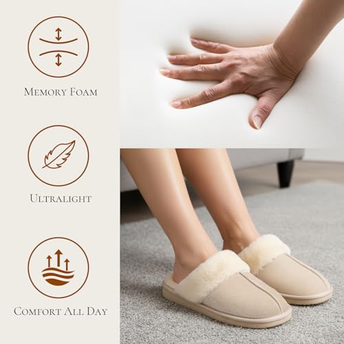 Image of OOW Fuzzy Slippers for Women Cozy Faux Fur House Shoes Memory Foam Slippers | Winter, Warm Slippers, Indoor and Outdoor