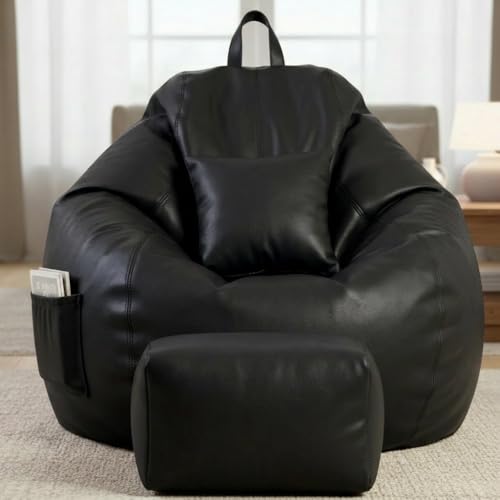 Image of KAM'S LIEU 5XL Luxury Faux Leather Bean Bag with Footrest & Cushion | Pre-Filled High-Density Polystyrene Beans | Premium Leatherette | 6 Months Warranty Color- (Black, Without Footrest)