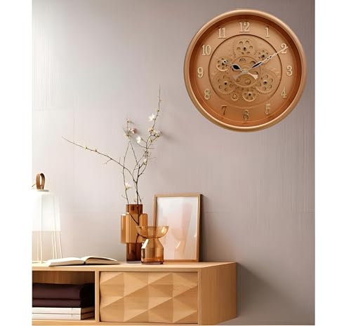 Image of De'rons Rotating Moving Gears Wall Clock Industrial Steampunk Real Moving Gear Designer Wall Clock for Living Room Home Decor Office Wooden Look Plastic Round 32cm DC-1387 (P.Copper)