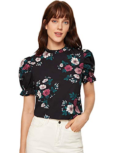 Romwe Women's Floral Print Ruffle Puff Short Sleeve Casual Blouse Tops Black-1 X-Large