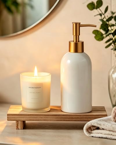 3pc Bathroom Decor Set, Wood Tray & Ceramic Soap Dispenser & Scented Candle