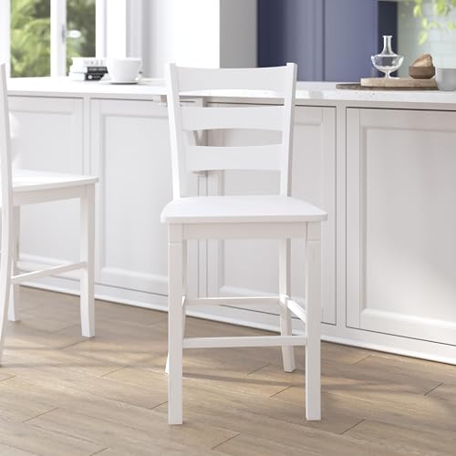 Flash Furniture Set de 2 Bancos con respaldo de escalera, acabado White Wash, 41.5" de altura, madera maciza Asiática miniatura 2