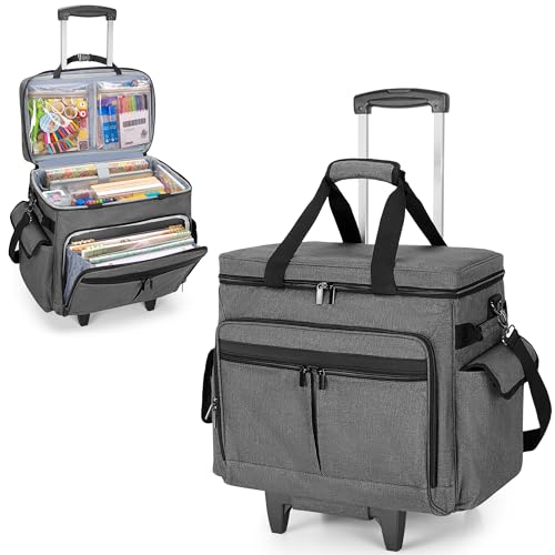 Trunab Rolling Scrapbook Tote with Expandable File Pocket, Large Craft Organizer and Storage Bag with Detachable Trolley and Bottom Support Panel for Scrapbooking Supplies and Art Tools, Grey