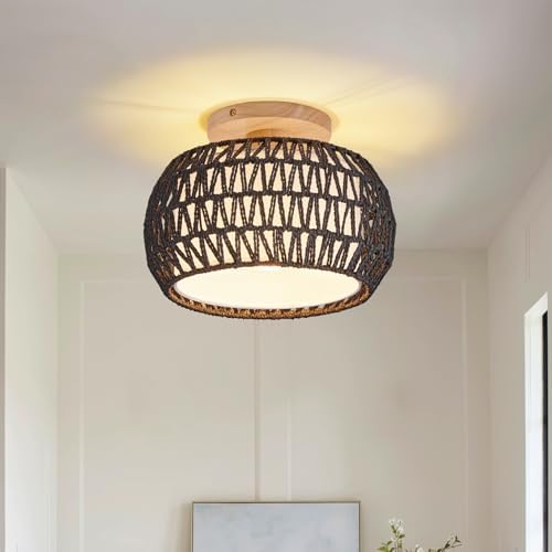 12″Rattan Boho Flush Mount Ceiling Light - Bohemian Wicker Light ...