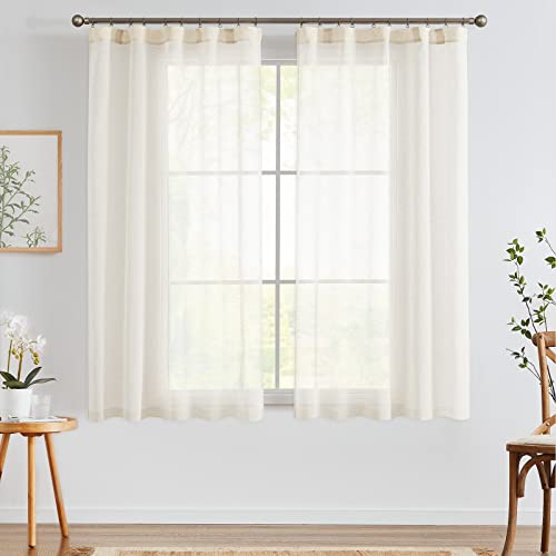 jinchan Linen Blend Sheer Curtains for Living Room 63 Inch Length, Taupe Voile Linen Curtains for Bedroom, Light Filtering Farmhouse Window Drapes, Open Weave Drapes Sets Rod Pocket, 2 Panel