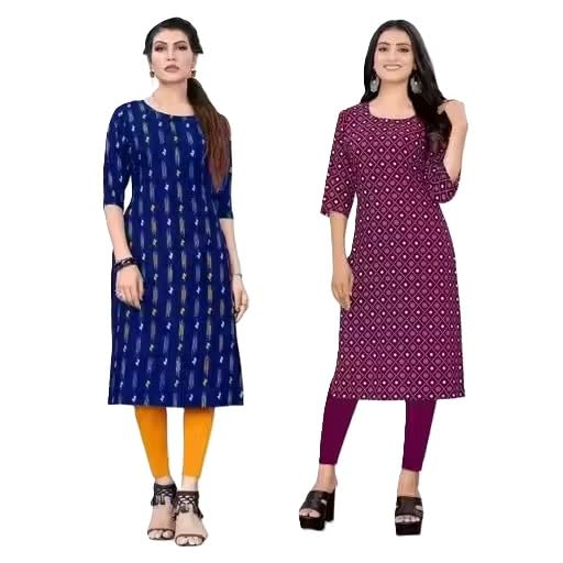 Image of Women's Printed Crepe Straight Kurta, Traditional Indian Style, 3 /4 Sleeve,with Ethnic Motifs, Pack of 2