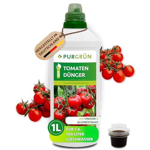 Purgrün® Bio-Tomatendünger 1 Liter – Organische Rezeptur – Premium-Flüssigdünger – NPK 4+1+7 – Mit Algenextrakt & Vinasse – Extra Kalium für saftig rote Tomaten – Ohne tierische Inhaltsstoffe