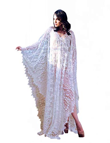 Women Sexy Lace Cover Up, Long Rayon Loose Kaftan Dress Beachwear (Lace White 2, One Size)