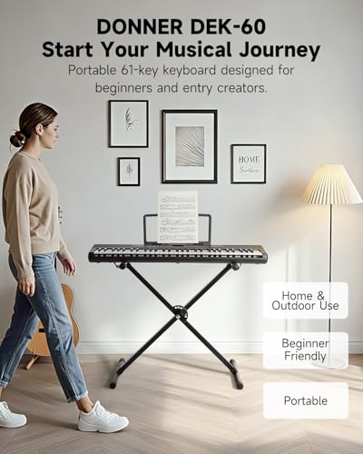 Donner 61 Key Keyboard Piano, Portable Electric Keyboard Bundle, Beginner Digital Piano with USB MIDI, Built-in Speakers, Headphones, X-Stand, Carry Bag, 300 Tones & 300 Rhythms, Black(DEK-60) - image 2