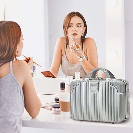 Image of Portable Hard Shell Makeup Box /Cosmetic Travel Case, Small Travel Hand Luggage With Elastic Band, Mini Abs Carrying Makeup Case Suitcase (T-Silver, 5 Cm)