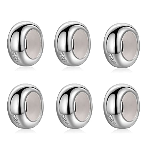 ABUN Stopper Charms for Bracelets 925 Sterling Silver Clip Round Rondelle Spacer Beads(6Pcs Shiny Silver Stoppers)