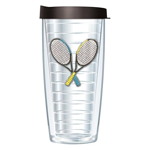 Signature Tumblers Tennis Rackets Emblem on Clear 16 Ounce Double-Walled Travel Tumbler Mug with Black Easy Sip Lid Cover
