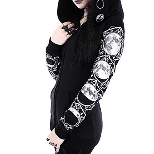 Melupa Womens Gothic Hooded Jackets Coats Cardigan Black Vintage Moon Printed Punk Goth Hoodie Plus Size Sweatshirt, 03-Black, X-Large #TOP3