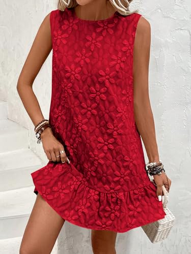 Image of SOLY HUX Women's Ruffle Hem Sleeveless Tank Dress Round Neck Casual Jacquard Hem Smock Summer Mini Dresses