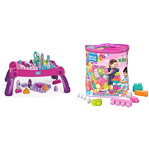 Mega Bloks Build 'n Learn Table & Bloks DCH54 Big Building Bag, Pink, 60 Pieces