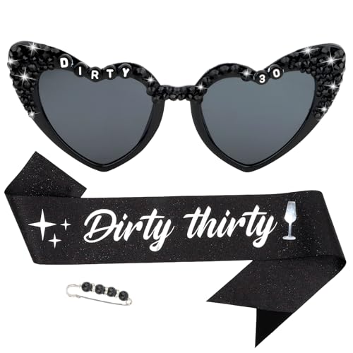 Dirty Thirty Birthday Sash & “Dirty 30” Sunglasses for Women, 30th Birthday Decorations for Her Birthday Glasses 30 Year Old Gifts Birthday Party Favors Supplies for Women