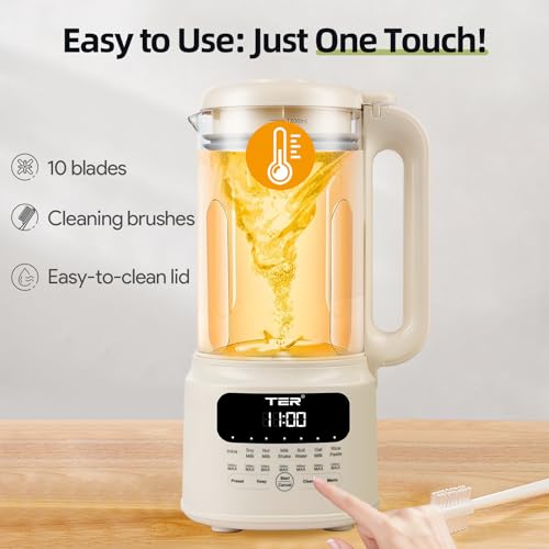 61oz Nut Milk Maker Machine, TER 10-in-1 Soy Milk Maker for Almond/Oat/Soy Milk, Juice, Milkshake, Rice Paste, Auto Clean/24H Preset Time/12H Keep Warm, with 7 Accessories, Beige