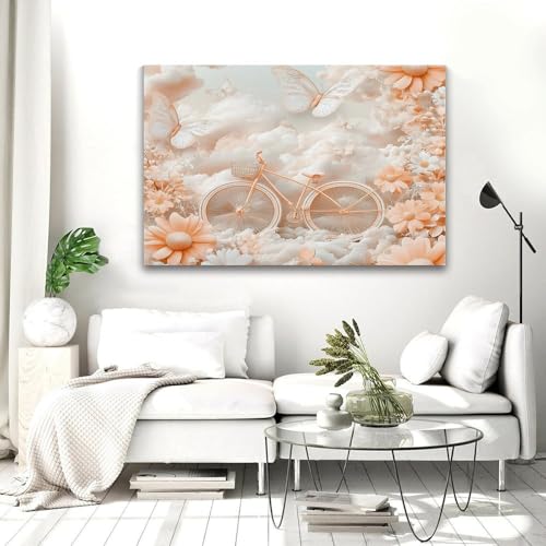 Décoration murale colorée 60x90 tableau fleurs papillons vélo