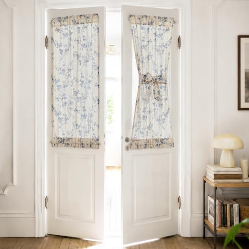 Image of jinchan Blue Linen Floral French Door Curtains 40 Inch Rod Pocket 2 Panels