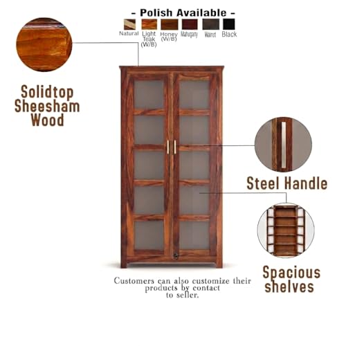 Image of Wooden Book Shelf with Glass Door || Wooden Bookcases for Home Library || Kitchen Crockery Cabinet Storage, Book Rack, Shelves, Book Shelf Home Office Living Room Furniture, Honey Finish