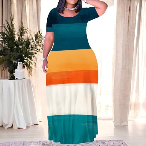 Image of SUZONANA Plus Size Maxi Dress for Curvy Women Summer Casual Sundress Short Sleeve Loose Vacation Dress