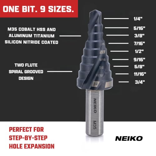Image of NEIKO 10606B Step Drill Bit, 9 Steps 1 /4 inch to 3 /4 inch Spiral M35 Cobalt, AlTiSiN Coated, 3 /8 inch Tri-Flat Step Bits for Steel, Metal, Wood, Plastic, Unibit Cone Drill Bits, Two Flute