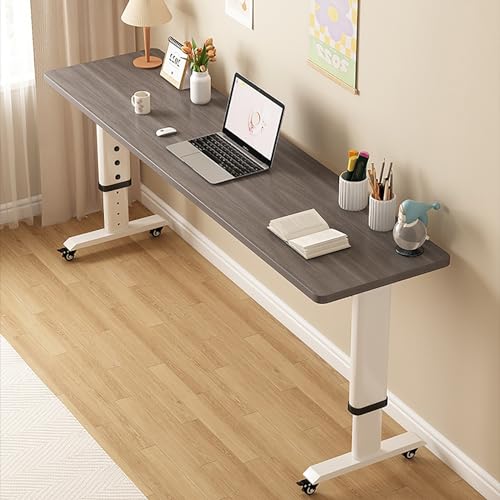 LJFDXD Height Adjustable Overbed Table with Wheels, Mobile Long Narrow Across Bed Computer Desk, Lift-Top Study Table Standing Desk, for Home Office (Color : Gray Oak, Size : 120x50x68cm)
